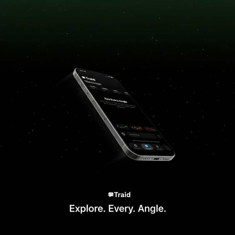 Traid phone suspended against a dark sky. Explore. Every. Angle.