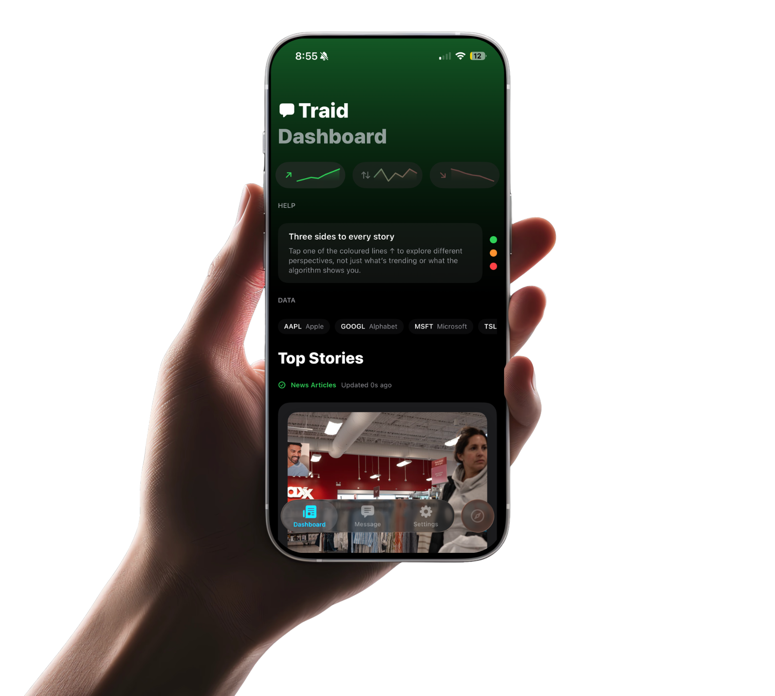 Original Traid campaign image of the three-perspective dashboard on an iPhone