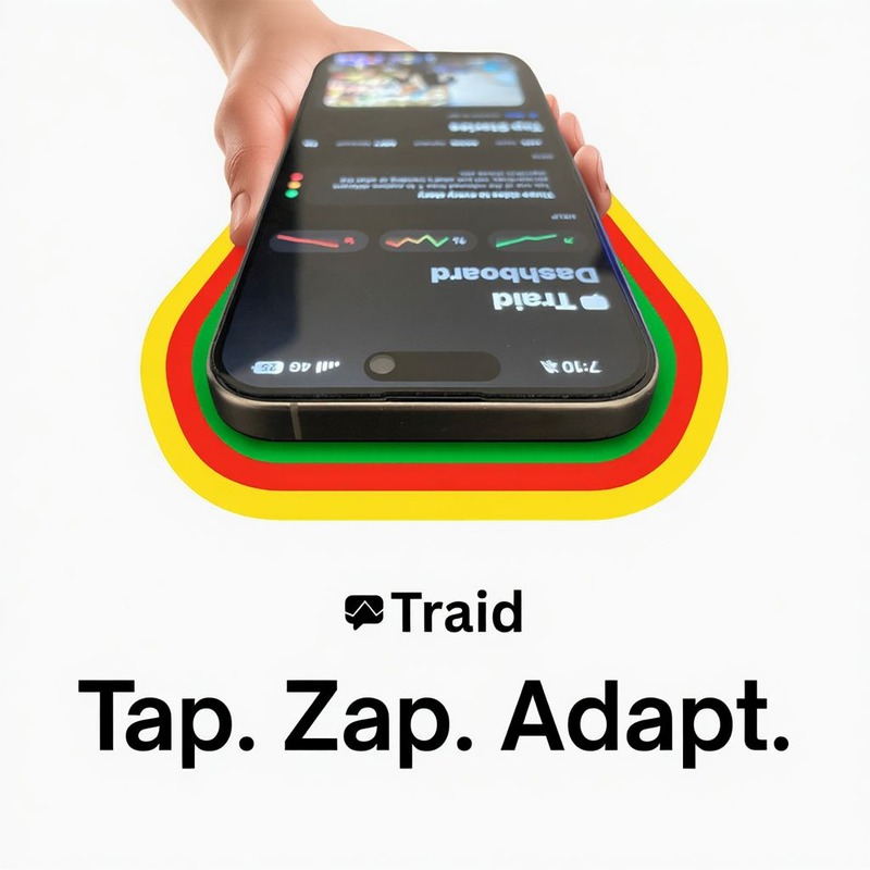 Traid phone held above three layers of colour. Tap. Zap. Adapt.