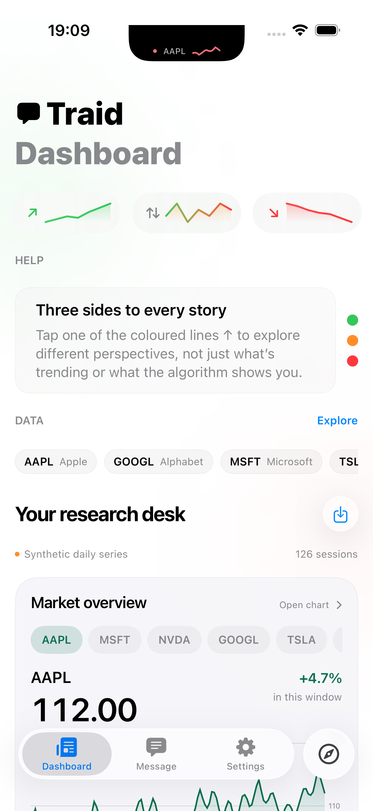 Traid dashboard in an iPhone frame, following the selected appearance