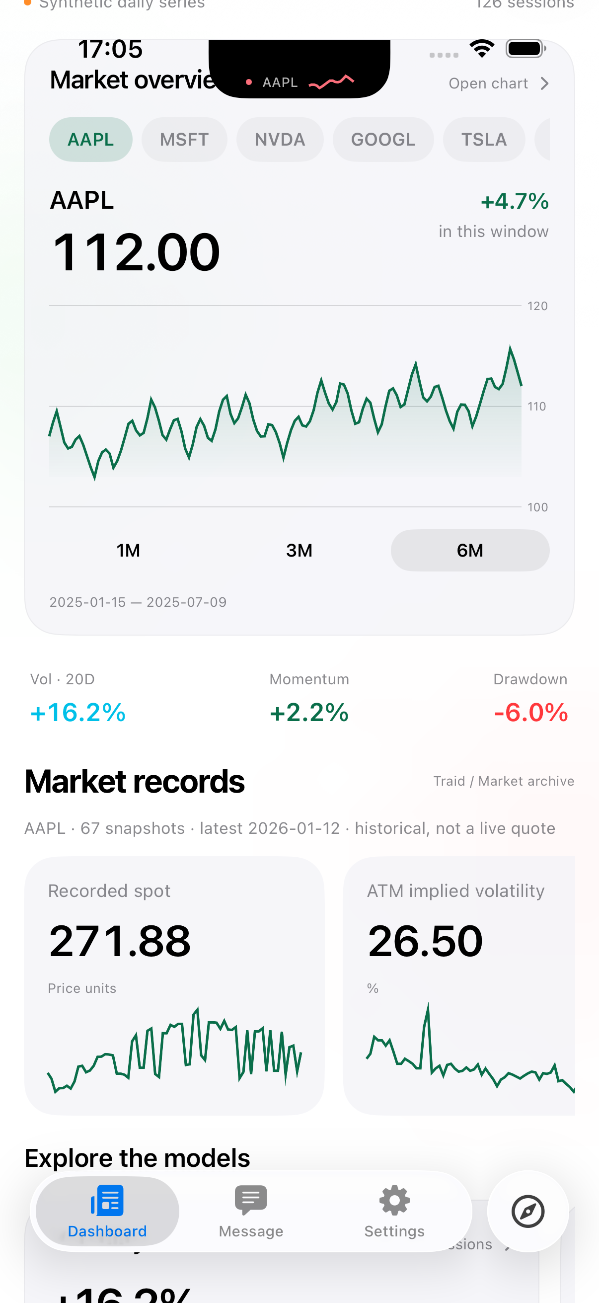 Traid iPhone market records and horizontal research cards