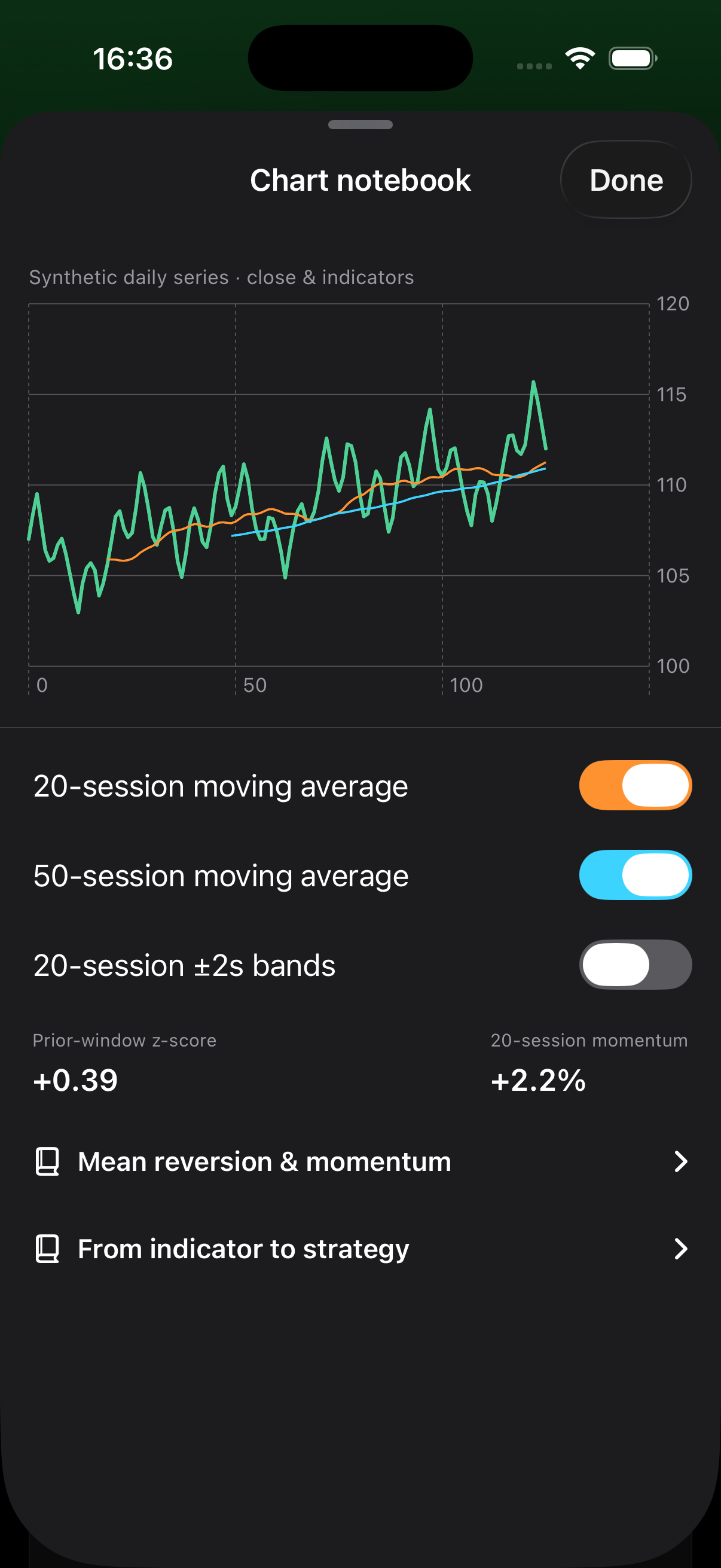 Native chart notebook with moving average overlays